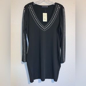 NWT Fancyqube Silver Studded Black Long Sleeve V Neck Dress